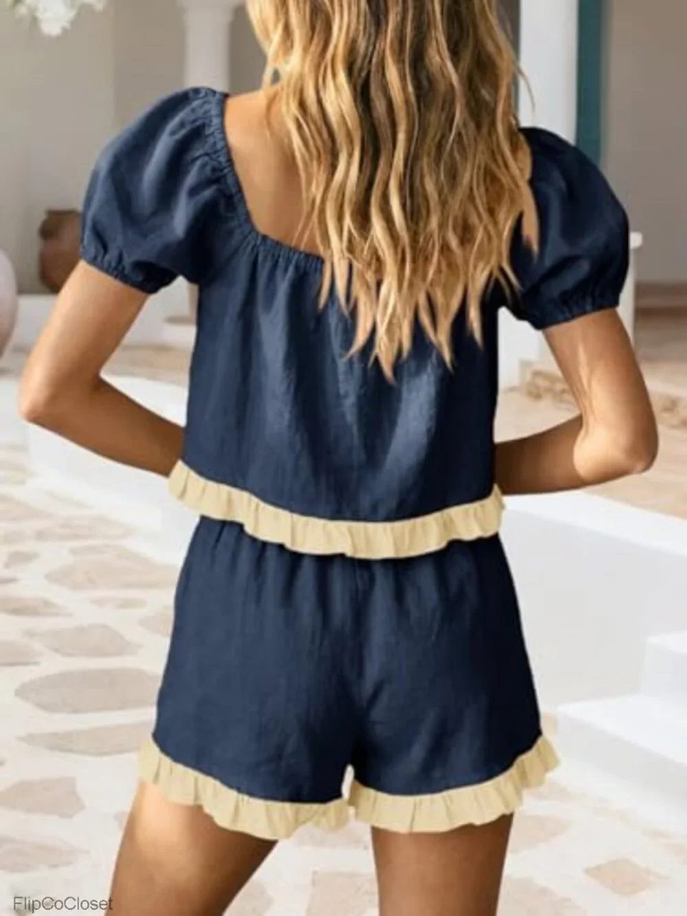 Women's Cotton 2 Piece Short Set Puff Sleeve Square Neck Summer Matching Outfit